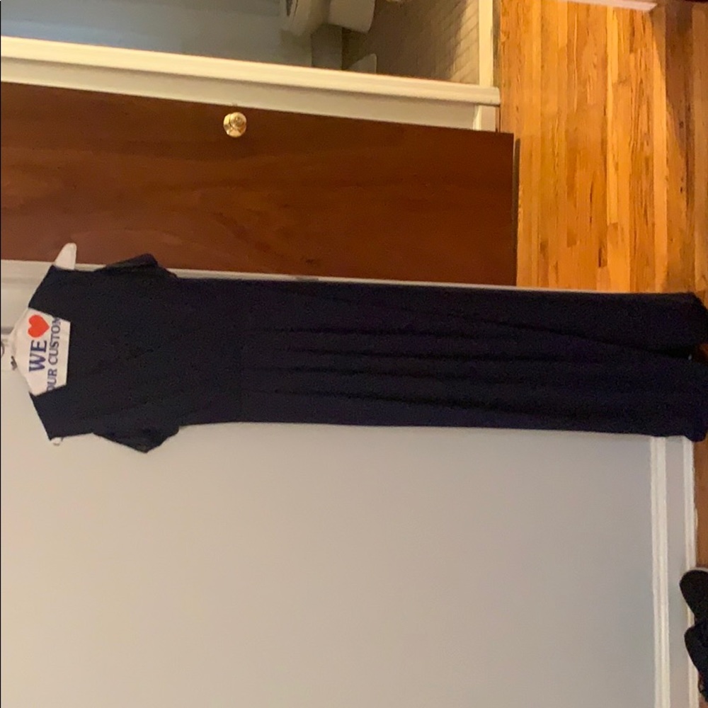 Long formal navy blue dress with cold shoulder